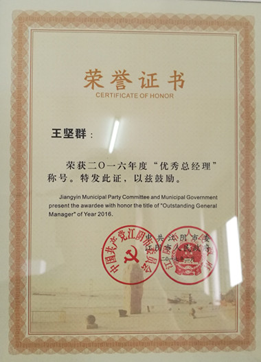 王坚群获得2016年度优秀总经理